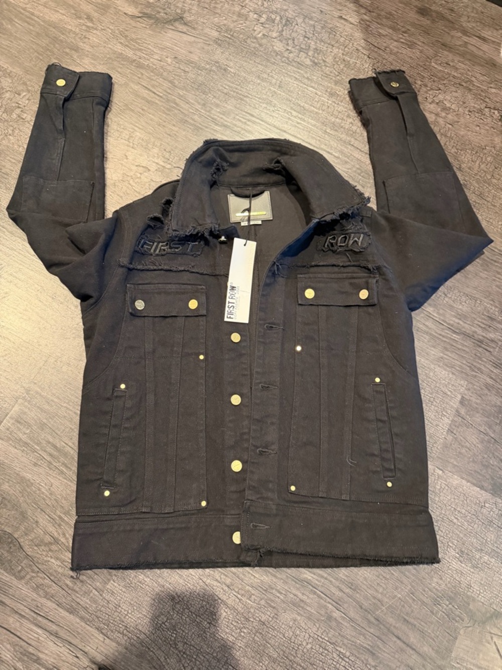 Strom Black Distressed Snap-Front Denim Jacket with Gold Hardware